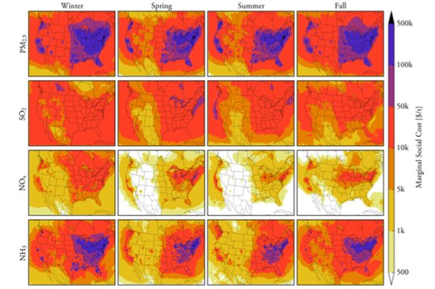 Map of different chemicals in the air in different seasons with the marginal social cost