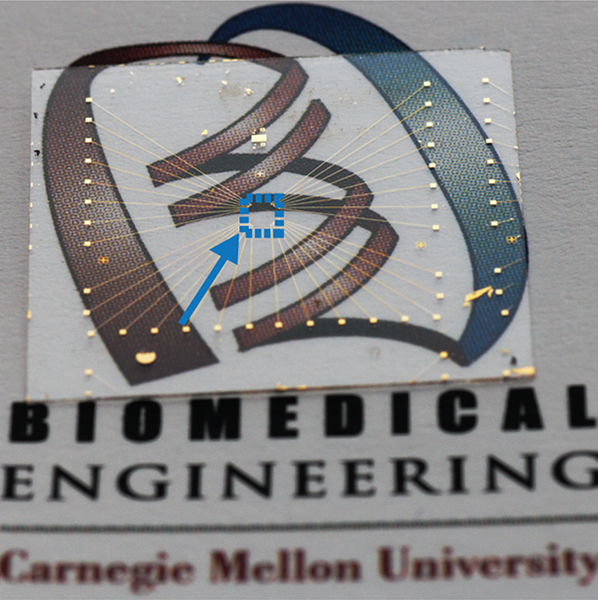 Arrows pointing to invisible microelectrodes on BME sign