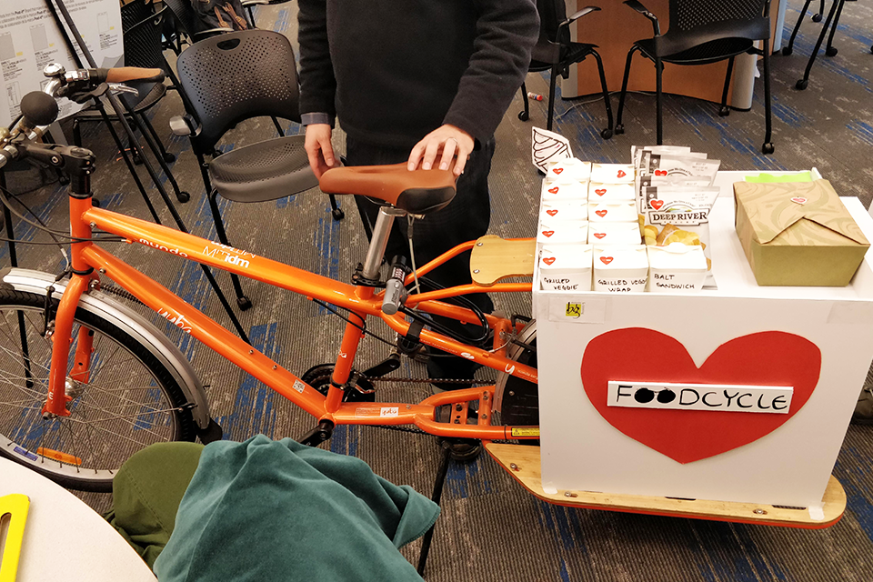Bicycle with a basket full of food which students used to deliver snacks